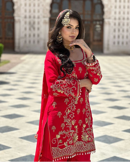 Red Pakistani Style Georgette Sharara Suit with Dupatta