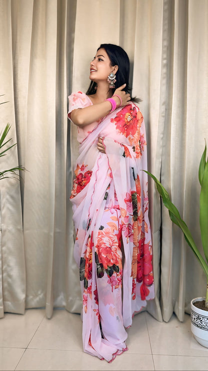 Baby pink Elegant Floral Georgette Silk Saree with Handwork and White Stone Accents (Best Seller)