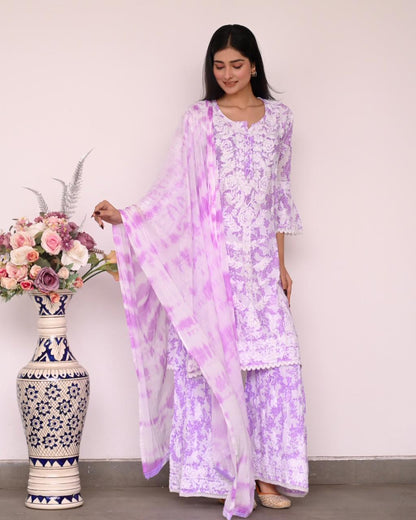 Lavendar Lucknow Chikankari Mul Mul Printed Kurti, Gharara, and Dupatta Set