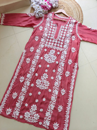 Pink Pure Muslin 3D Work Lucknow Chikankari Kurta