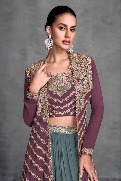 Purple Opulence Premium Indo-Western Long Jacket Top & Lehenga Set