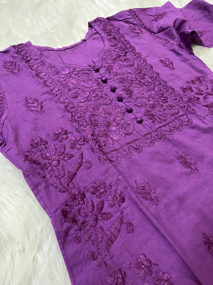 Purple Cotton Chikankari Hand Work Kurta Pant Suits