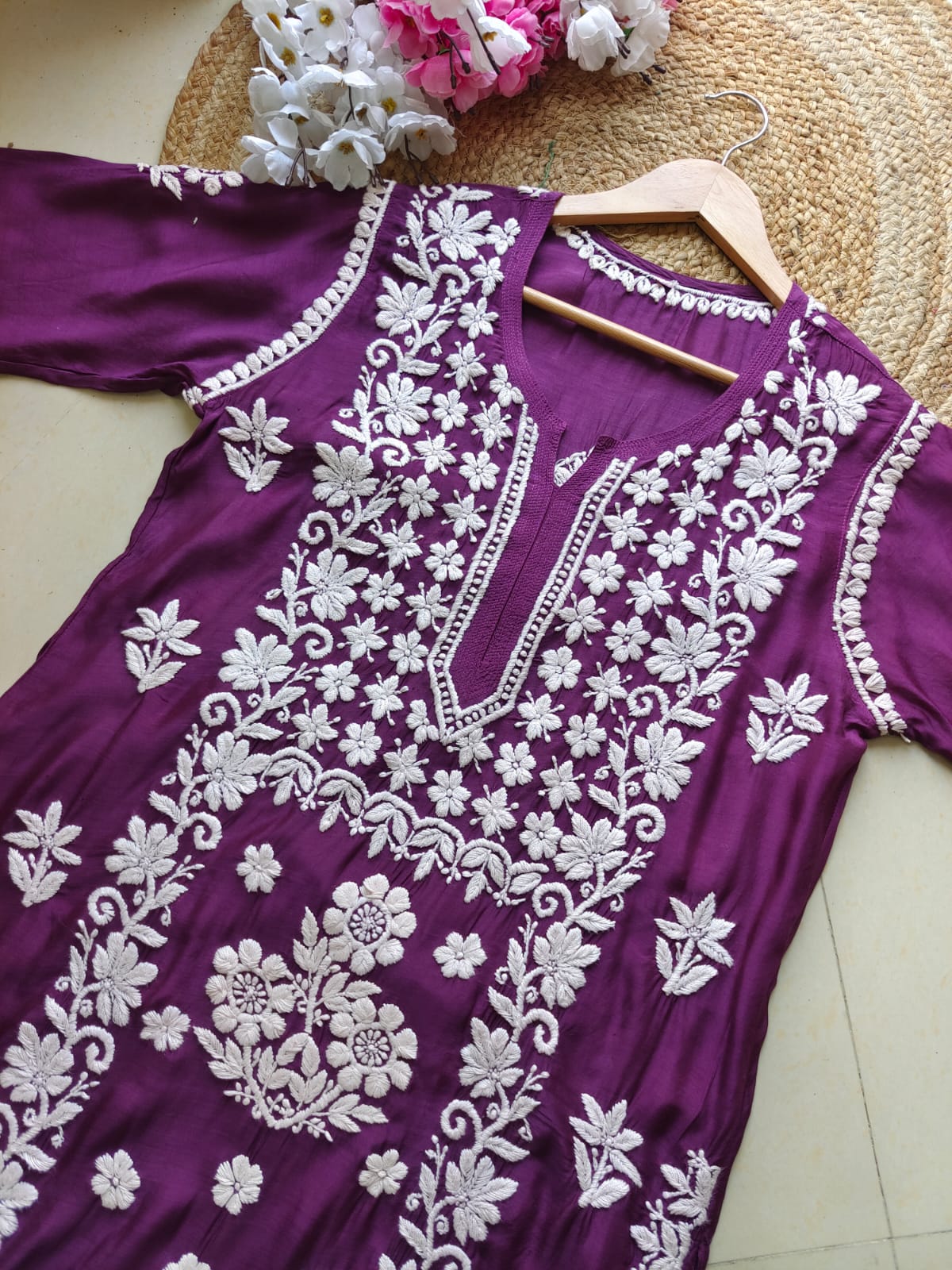 Wine Pure Muslin 3D Work Lucknow Chikankari Kurta