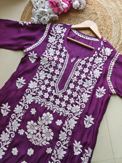 Wine Pure Muslin 3D Work Lucknow Chikankari Kurta