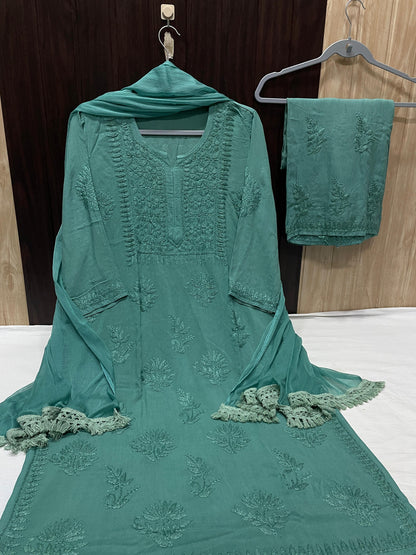 Green Elegant Lucknow Chikankari Handcrafted 3-Piece Rayon Kurti, Pallazo, and Dupatta Set