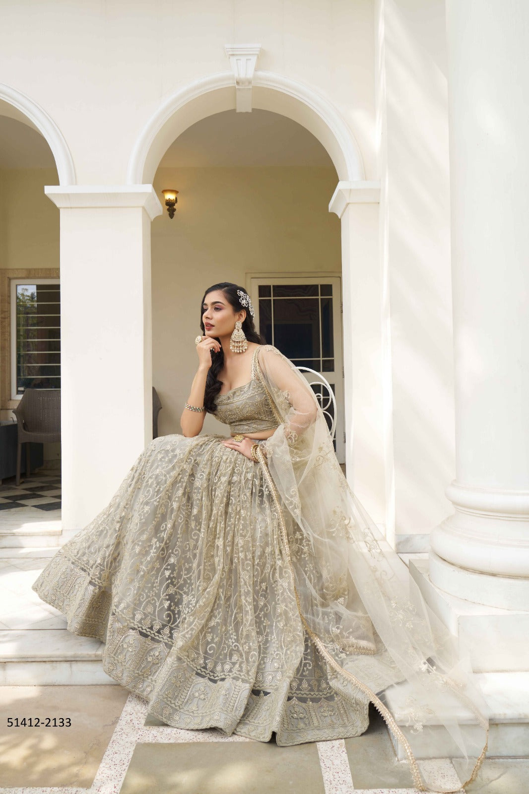 Ivory A-Line Net Bridesmaid Lehenga Choli with Resham and Sequins Work