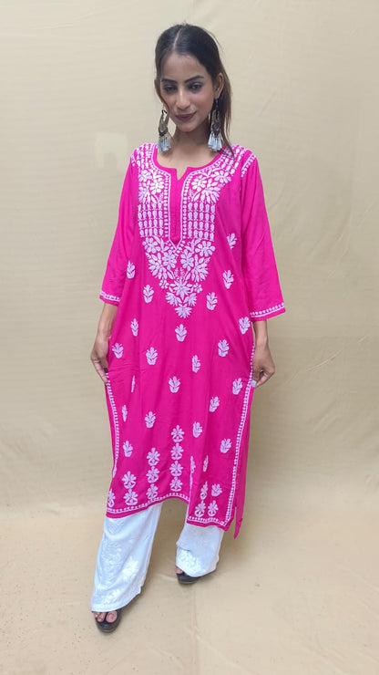 Pink Premium Lucknow Chikankari Rayon Kurti with Cotton Palazzo