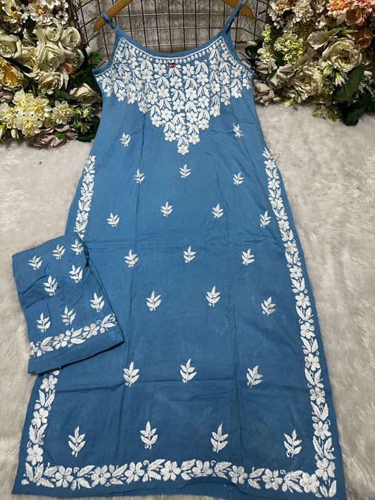 Blue Lucknow Chikankari Strappy Kurti and Pant Co-ord Set (Limited Stock)