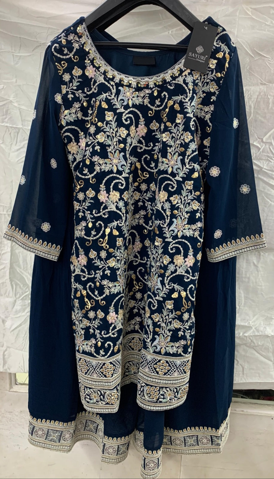 Peacock Blue  Indo-Western Georgette Sharara Suit Set with Chinon Dupatta