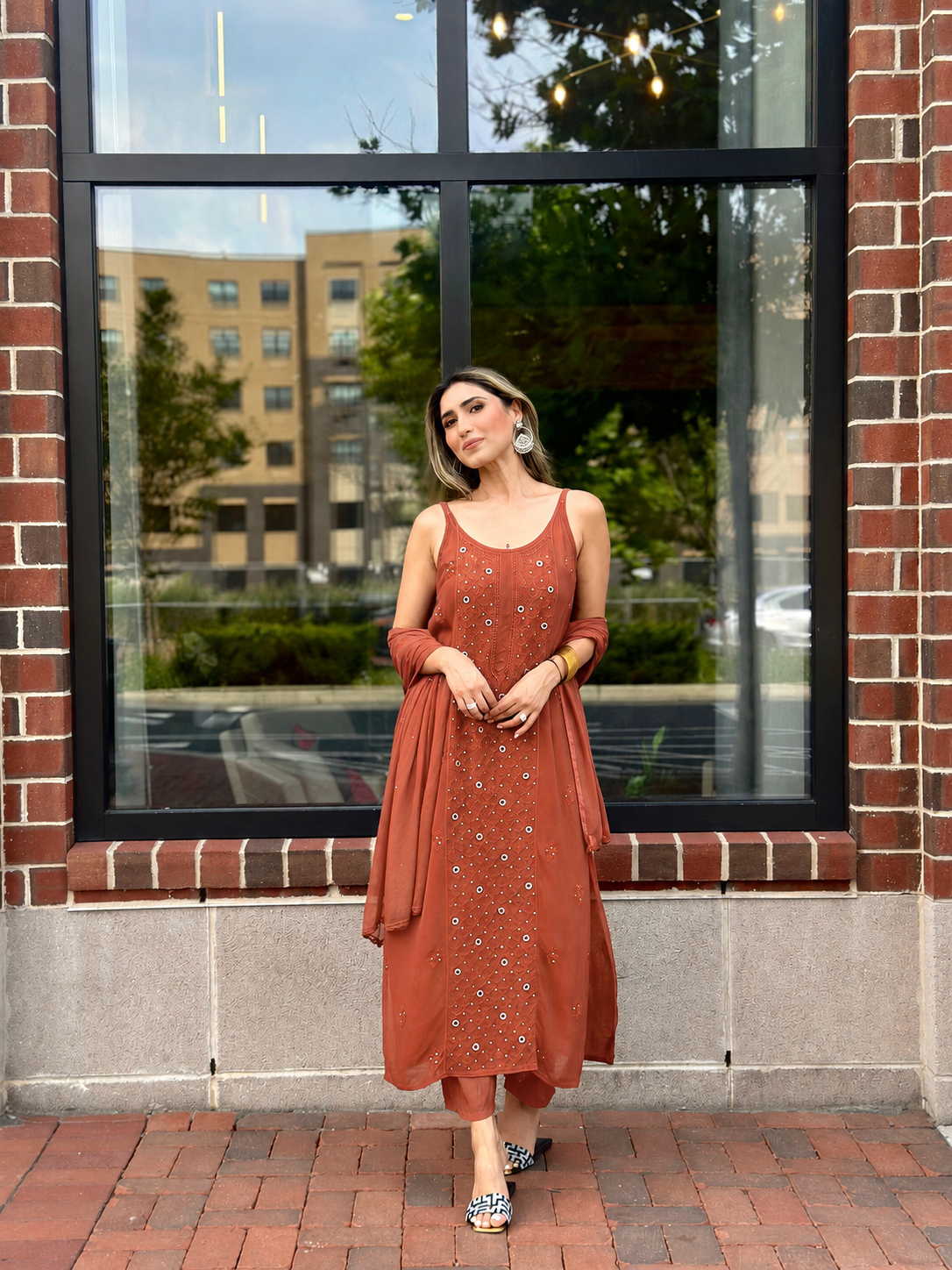 Earthy Terracotta Luxe Viscose Ring Work Jaal Lucknow Chikankari Kurti Set (NEW)