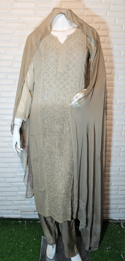 Beige Brown Chikankari Pure Viscose Kurti 4-Piece Set