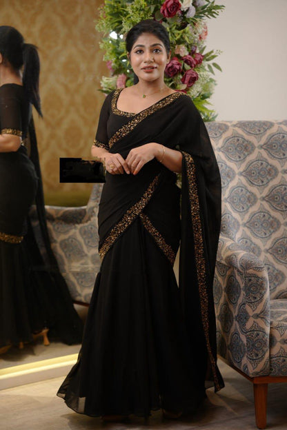 Black Super Hit Georgette Embroidery Gown Saree