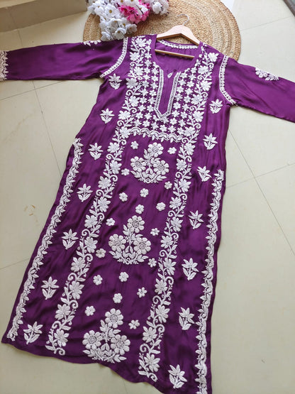 Wine Pure Muslin 3D Work Lucknow Chikankari Kurta