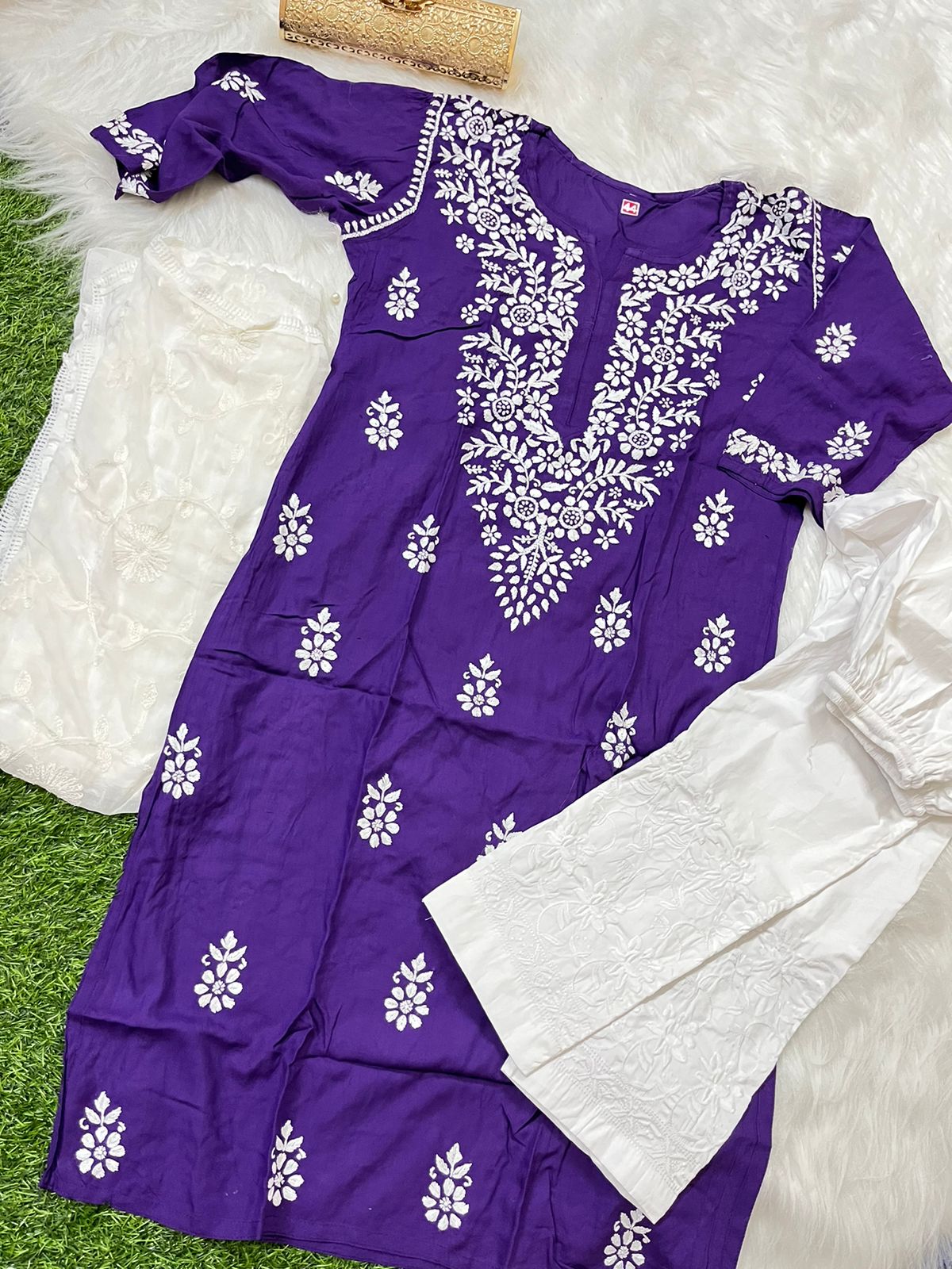 Purple 3-Piece Lucknowi Chikankari Kurti Set with Chiffon Dupatta