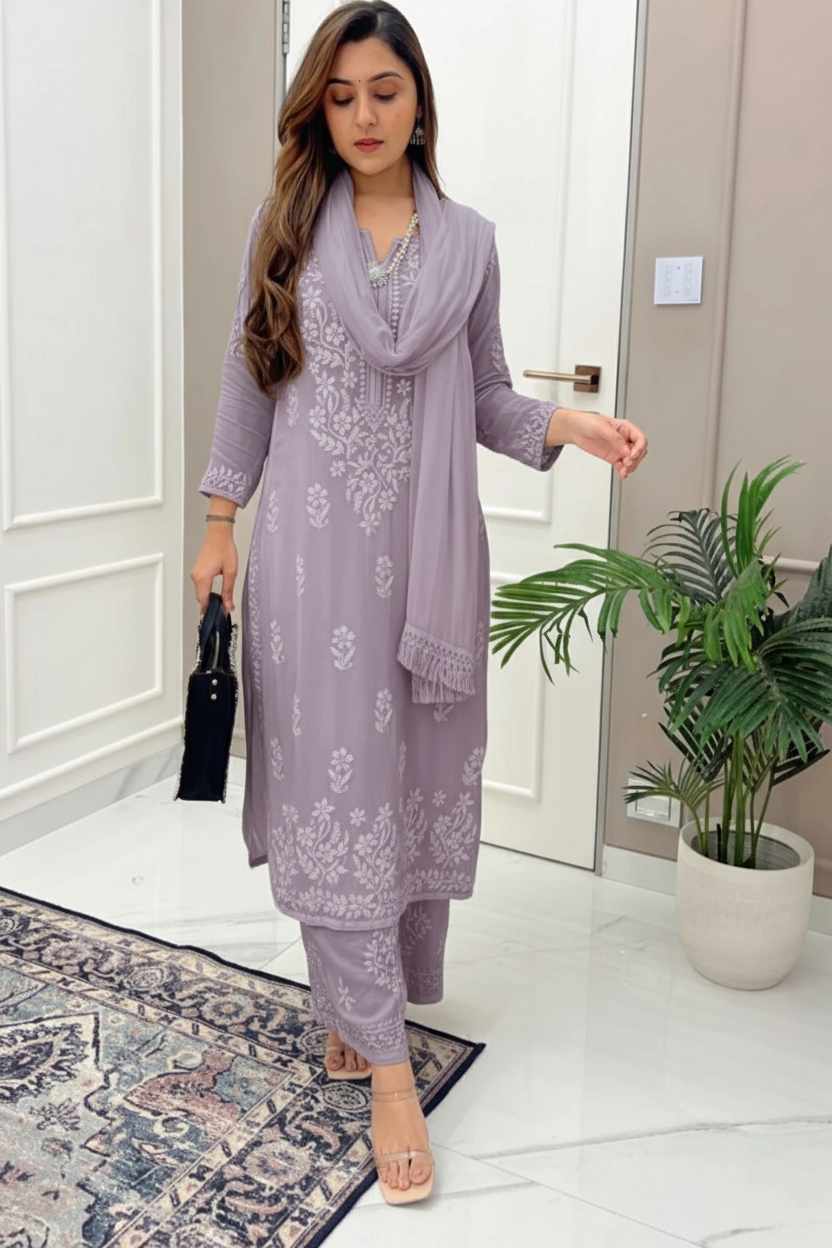 Lavendar Grey Ethereal Dyeable Modal Chikankari Kurta Set (Latest)
