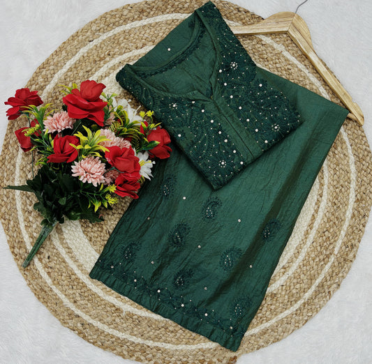 Green Lucknowi Chikankari Ghass Patti Work Chanderi Kurti & Palazzo Set with Mukesh and Moti Work