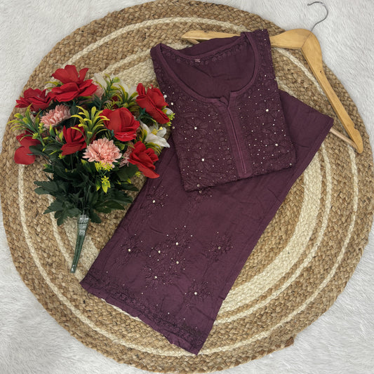 Coffee Brown Lucknowi Chikankari Mukesh Work Cotton Kurti & Palazzo Matching Co-ord Set ❤️