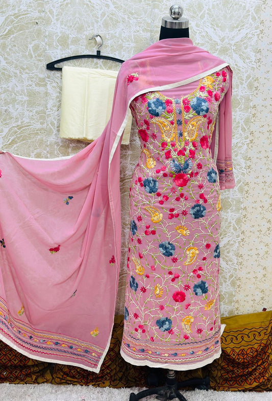 Pink Phulkari Pastel Colors Suit Set with Kantha Work