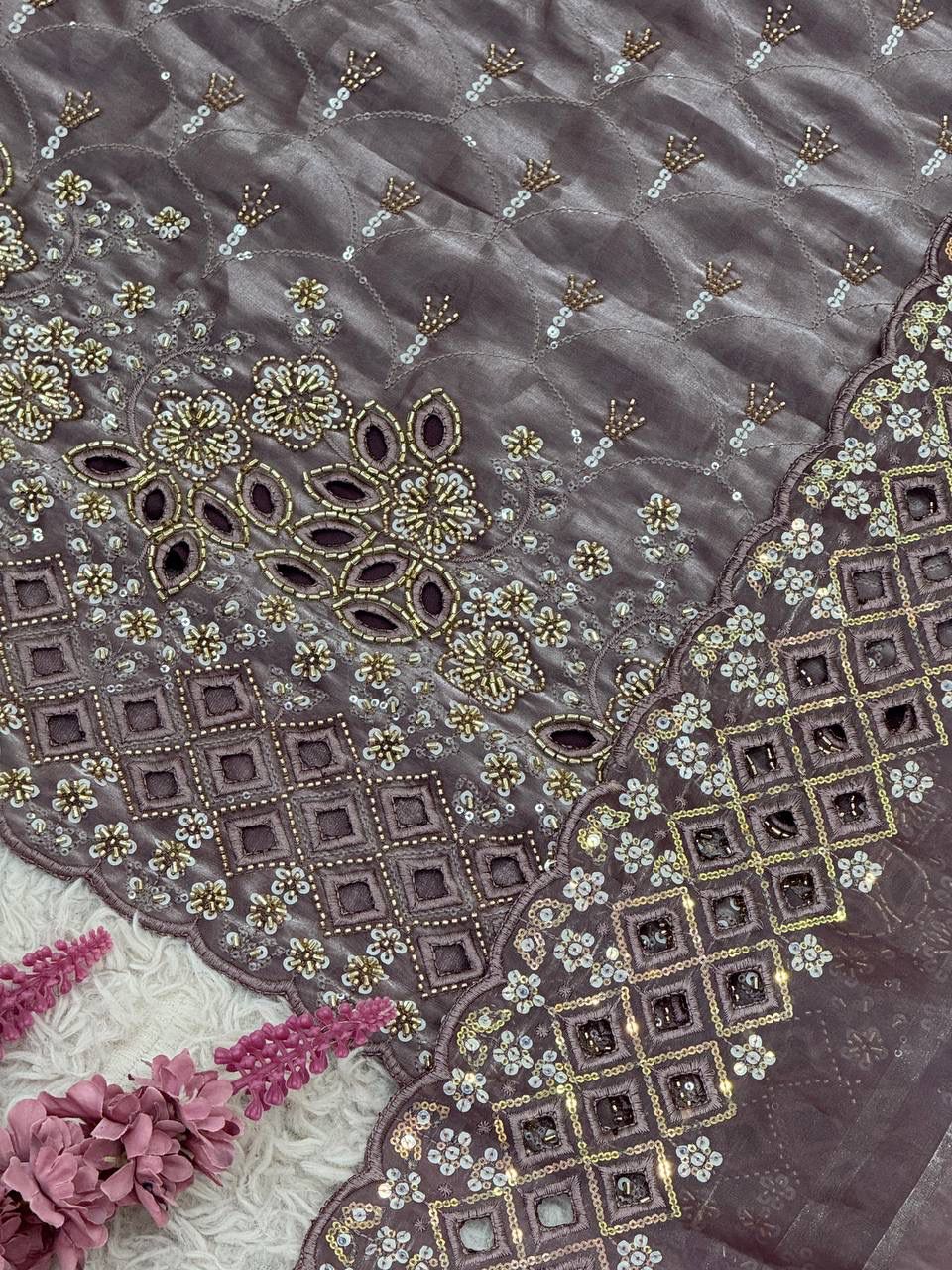 Lavendar Designer Embroidered Top–Sharara Set with Dupatta