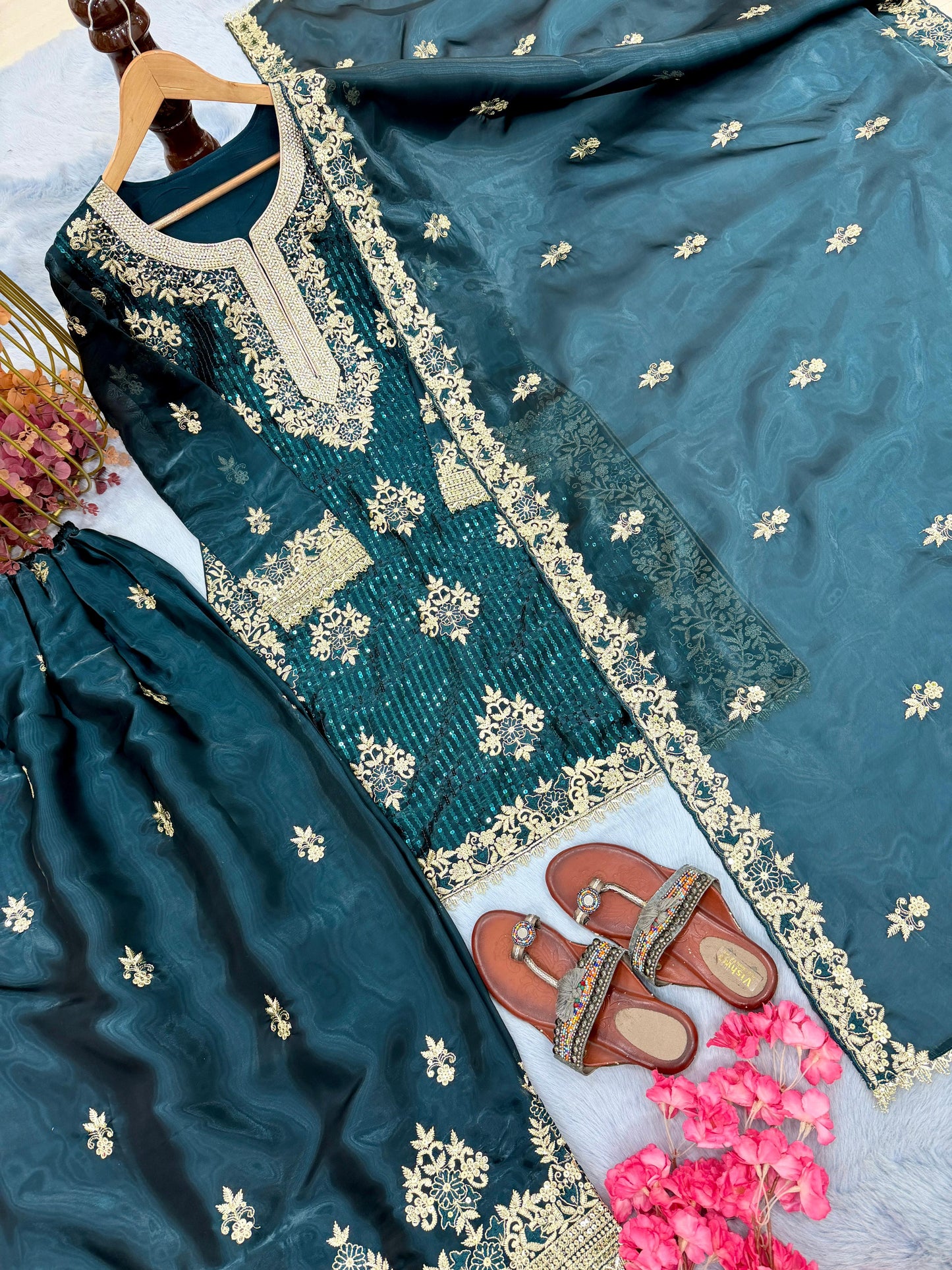 Royal Teal Green Embroidered Gharara Set