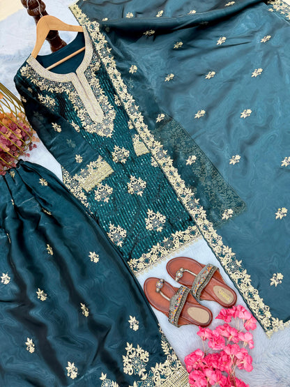 Royal Teal Green Embroidered Gharara Set