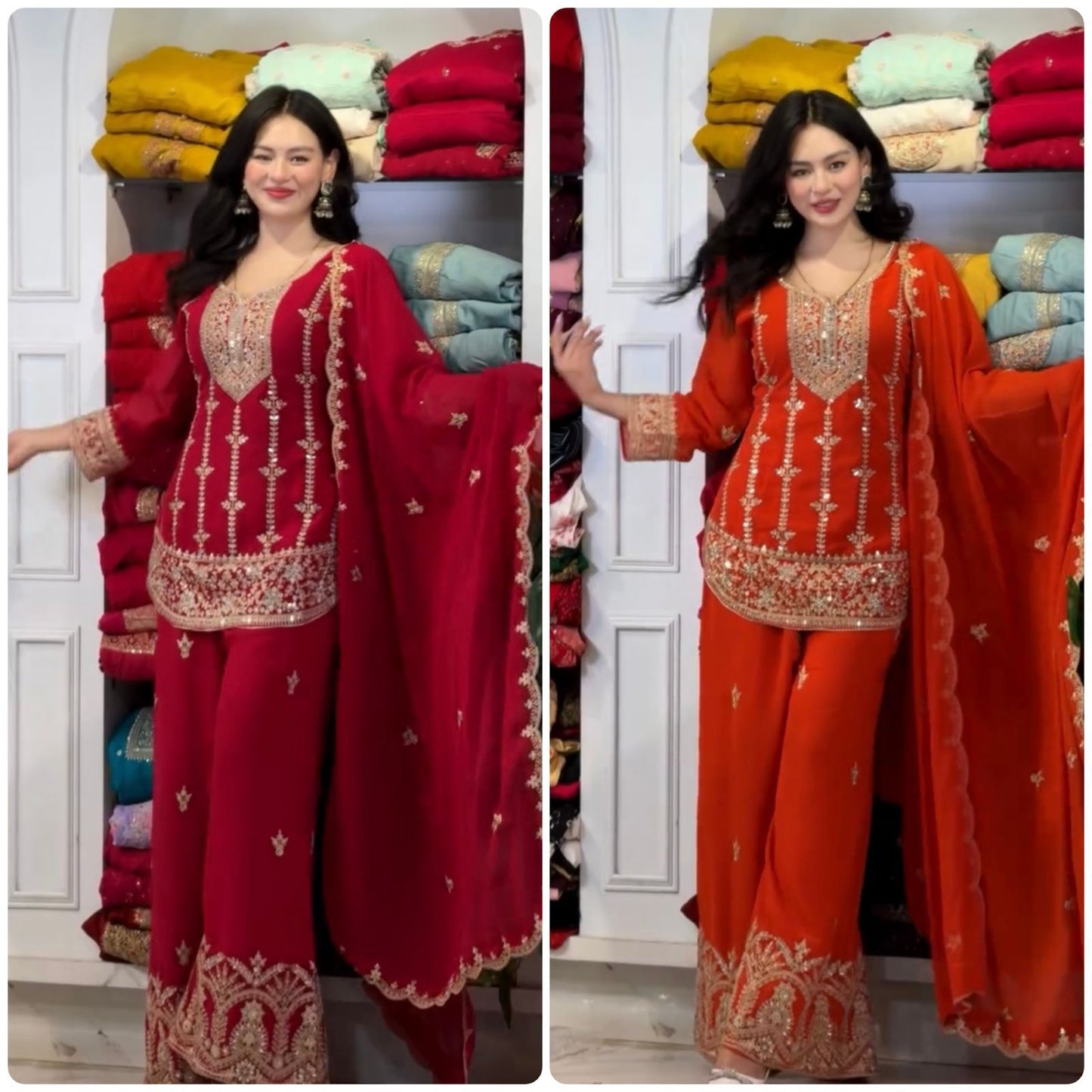 Red Designer Party Wear Faux Georgette Top, Palazzo & Dupatta Set