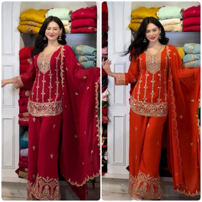Red Designer Party Wear Faux Georgette Top, Palazzo & Dupatta Set