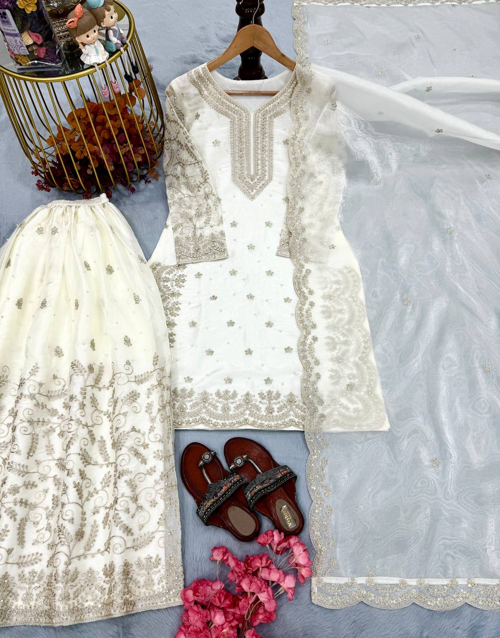 White Ethereal Silk Embroidered Ensemble Eid Special