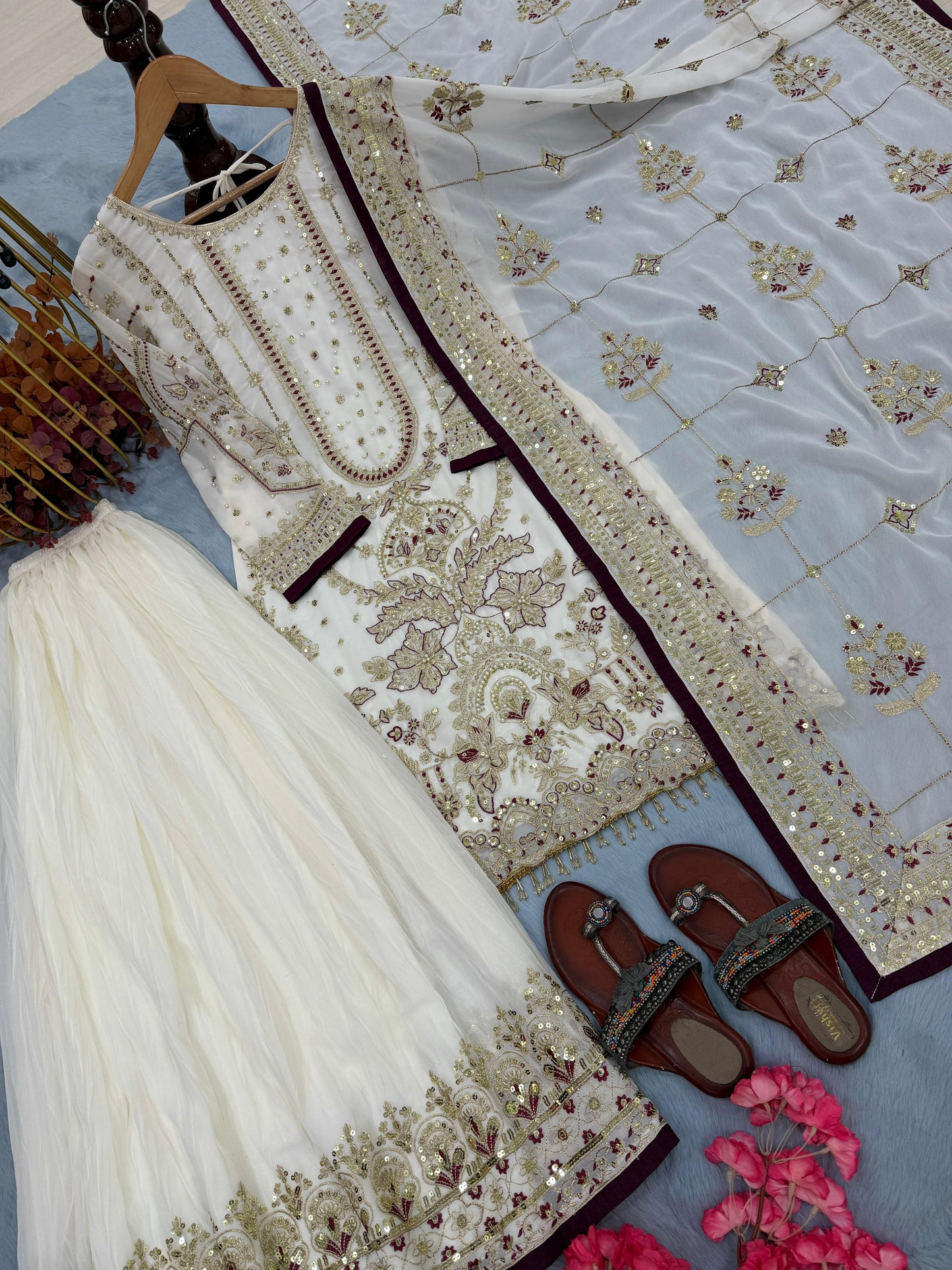 Ivory Designer Party Wear Heavy Faux Georgette Top, Palazzo Dupatta Set