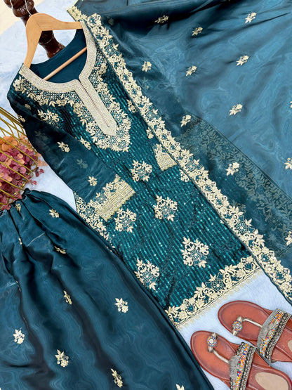 Royal Teal Green Embroidered Gharara Set