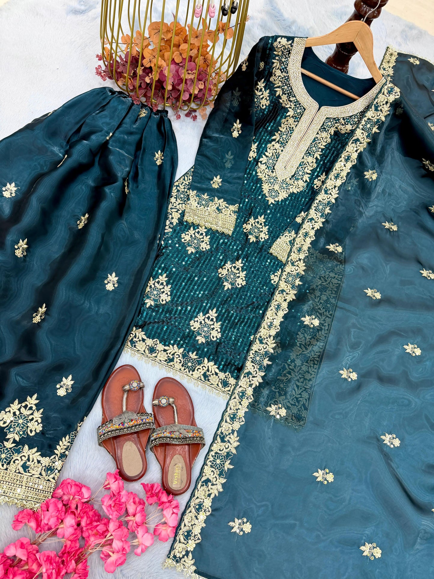 Royal Teal Green Embroidered Gharara Set
