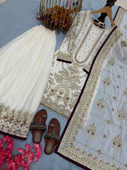 Ivory Designer Party Wear Heavy Faux Georgette Top, Palazzo Dupatta Set