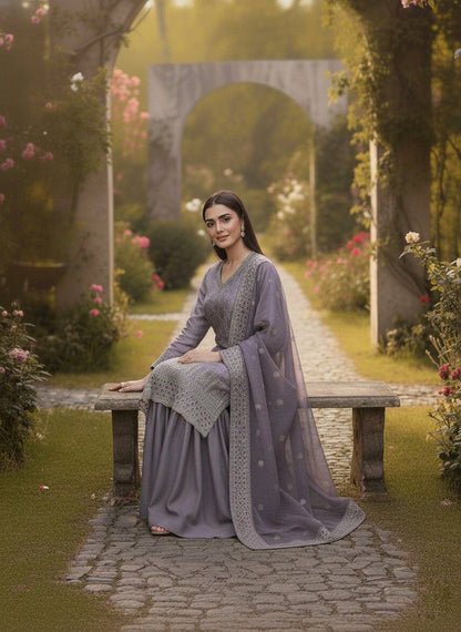 Lavendar Designer Embroidered Top–Sharara Set with Dupatta