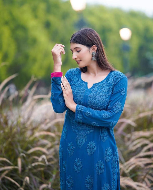 Electric Blue Color Ethereal Viscose 3D Kurti and pant Set up to 3 XL - Inayakhan Shop 