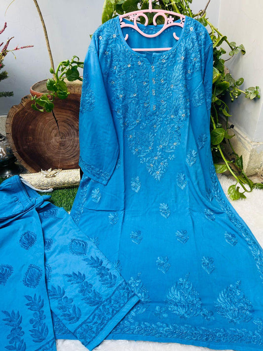 Electric Blue Opulent Rayon Set with Ring Mukesh Work Upto 5XL Plus size - Inayakhan Shop 