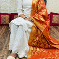 Elegance in Cotton White Cutwork Chikan Kurti Set with Golden Banarasi Dupatta