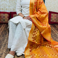 Elegance in Cotton White Cutwork Chikan Kurti Set with mustard Banarasi Dupatta