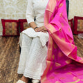 Elegance in Cotton White Cutwork Chikan Kurti Set with pink Banarasi Dupatta