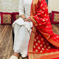 Elegance in Cotton White Cutwork Chikan Kurti Set with Red Banarasi Dupatta
