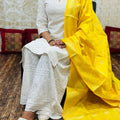Elegance in Cotton White Cutwork Chikan Kurti Set with Yellow Banarasi Dupatta