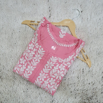 Elegance Unveiled: Long Modal Chikankari Kurti (Baby Pink) - Inayakhan Shop 