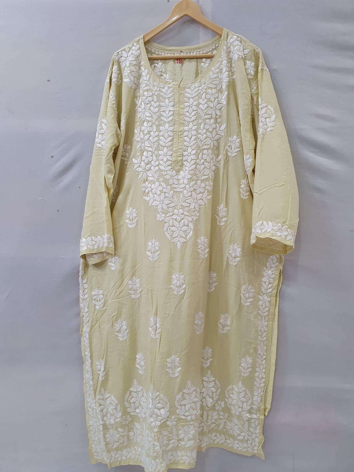 Elegance Unveiled: Long Modal Chikankari Kurti (Cream Color) - Inayakhan Shop 