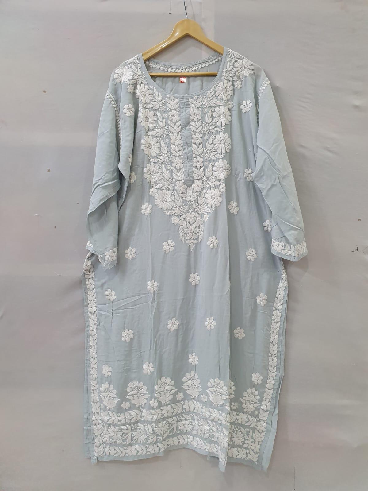 Elegance Unveiled: Long Modal Chikankari Kurti (Grey Color) - Inayakhan Shop 