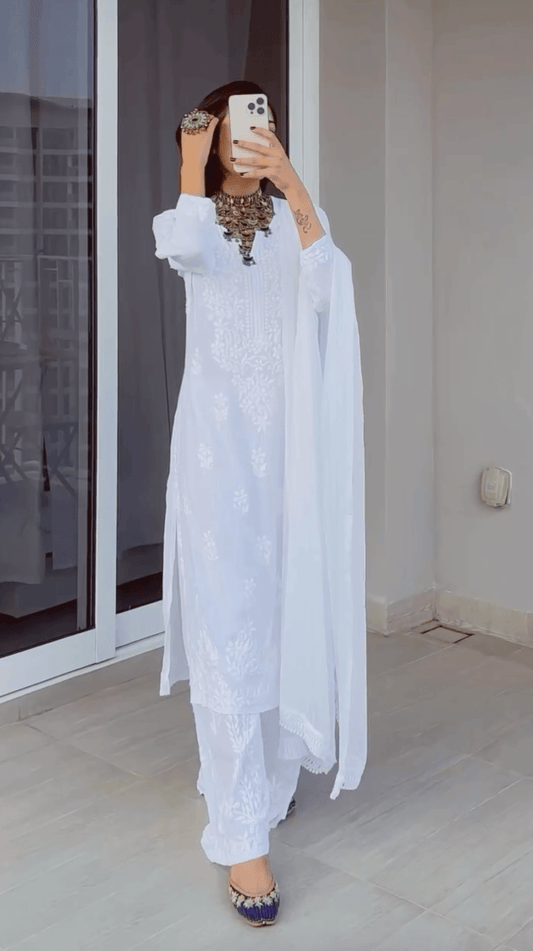 Elegant 3 pc White Ethereal Dyeble Modal Chikankari Kurta Set - Inayakhan Shop 
