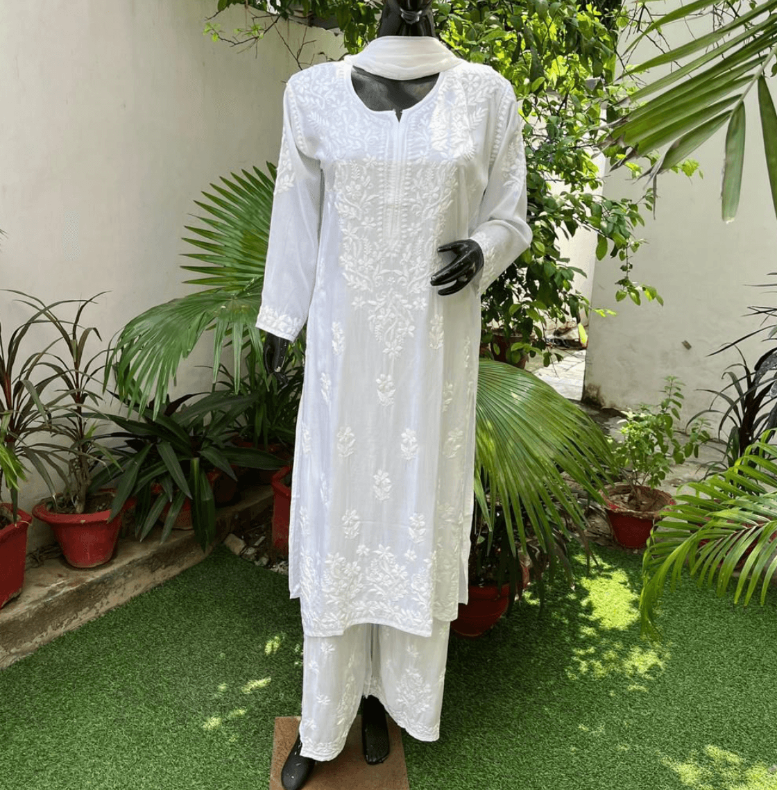 Elegant 3 pc White Ethereal Dyeble Modal Chikankari Kurta Set - Inayakhan Shop 