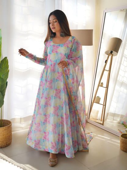 Elegant Floral Organza Taby Silk Gown with Dupatta - Inayakhan Shop 