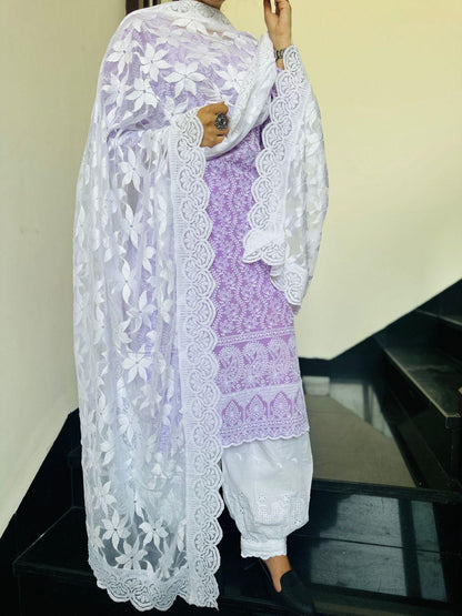 Elegant Lavendar Lucknowi Chikankari Patiala Suit with Sequin Accents - Inayakhan Shop 