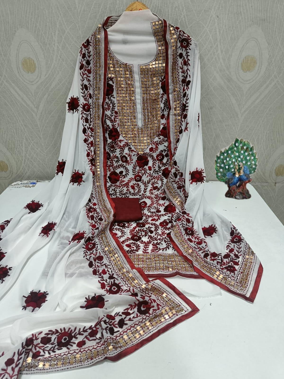 Elegant White Maroon Multicolor Exquisite Georgette Phulkari Ensemble - Inayakhan Shop 
