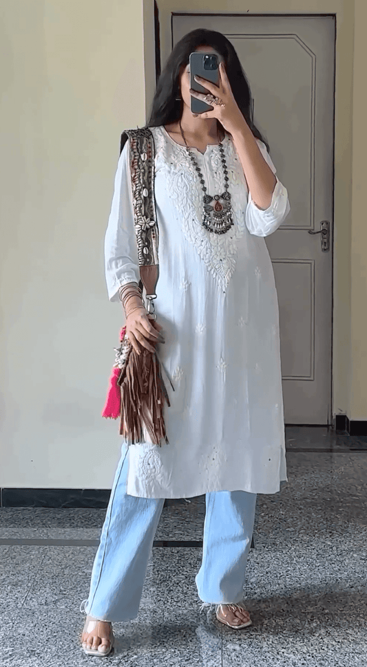 Elegant White Soft Rayon White Tone-on-Tone Chikankari Mukaish Work Kurti Set - Inayakhan Shop 