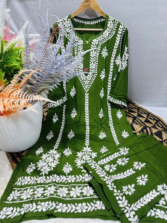 Green Lucknowi Chikankari Premium Heavy Designer Modal Palazzo Set